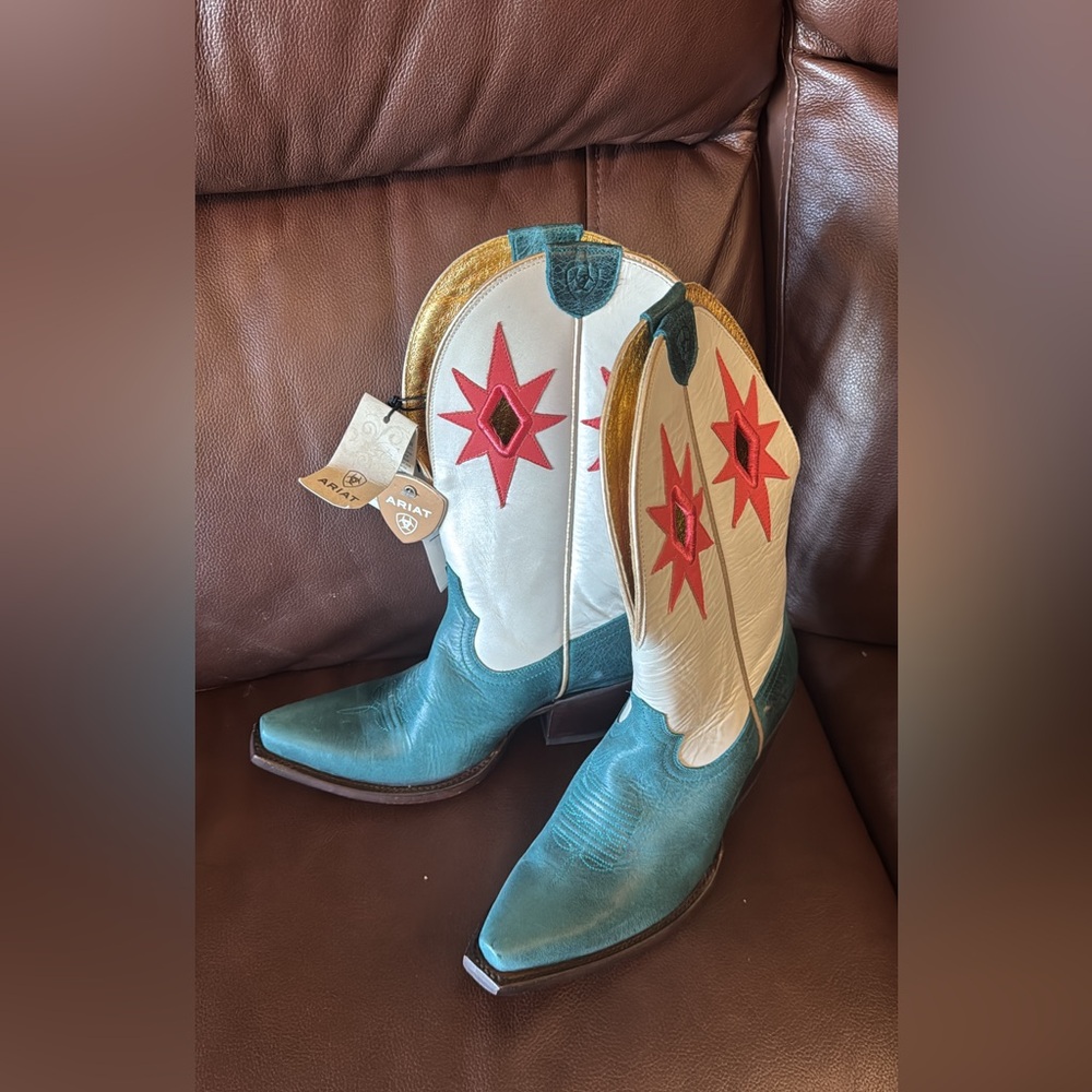 Ariat Teal, White and Pink Star Western Boots